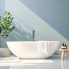 Wall Mural - A minimalist bathroom with a white bathtub, a towel, and a plant.