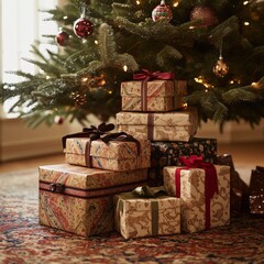 Wall Mural - A festive arrangement of beautifully wrapped gifts under a Christmas tree.