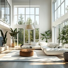 Wall Mural - A modern living room with large windows overlooking a lush garden.