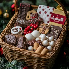 Sticker - A festive basket filled with assorted chocolates and cookies for holiday celebrations.