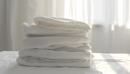 Stack of white towels on table in white room on the floor