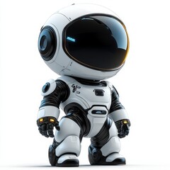 A small white robot with a large head and a black visor.