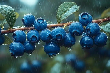 Wild blueberries are growing on a branch in a rainy forest Juicy Blueberries Glisten in the Rain: A close-up of ripe blueberries, their skins glistening with raindrops, amidst lush green leaves bunc

