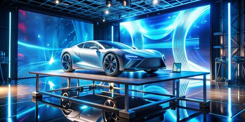 Futuristic Sports Car on a Stage with Blue Neon Lights, 3D Render, Car, Design, Neon