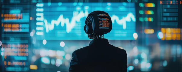 Human silhouette behind a robotic trader analyzing global market charts, [collaboration], [human and robot trading partnership]