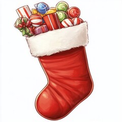 Poster - A festive red Christmas stocking filled with colorful candies and gifts.