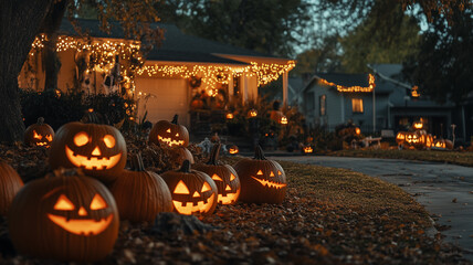 a Halloween festival with carved pumpkins, eerie lighting, and seasonal decorations in a suburban neighborhood