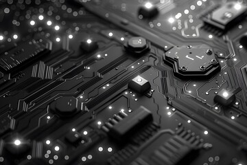 Poster - Intricate Black and White Circuit Board Design with Glowing Elements