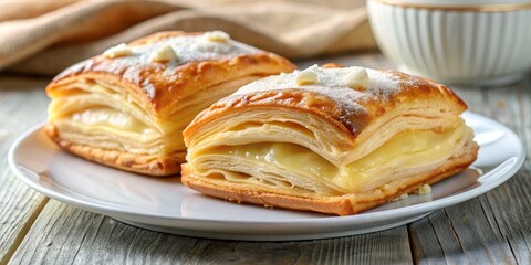 Close-up of Two Puff Pastry Cream Squares on a White Plate, Bakery, Dessert, Cream Puffs