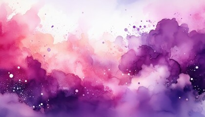 Poster - Dreamy Watercolor Clouds in Soft Pink, Lavender, and Purple Hues with Splashes of Light. Abstract Flowing Design with Artistic Ink Droplets and Gentle Gradients Blending into a Tranquil, Ethereal Sky