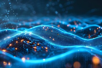 Poster - Abstract Digital Waves with Glowing Particles in a Futuristic Landscape