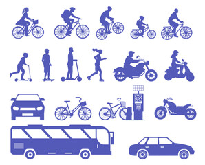  Public city transport silhouette of different kinds vector illustration set isolated on white background. Travelers and passengers using automobile, bicycle, scooter, motorcycle, moped, bus, taxi