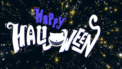 Wall Mural - Animation of happy halloween text over glowing lights on black background