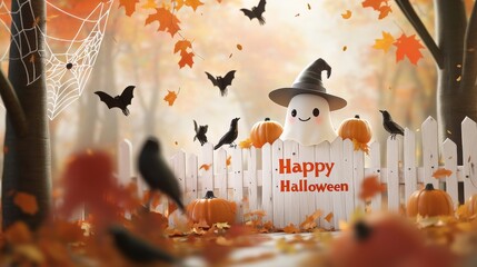 illustration cute ghost in witch hat surrounded by pumpkins and spider webs, white wooden fence with orange lettering 