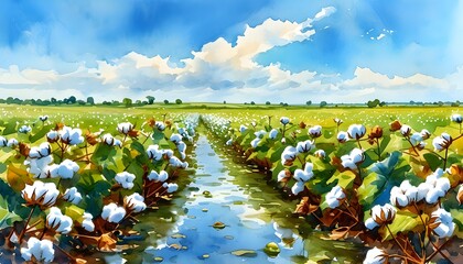 Wall Mural - Serene watercolor depiction of a cotton field adorned with fluffy white bolls beneath a vibrant blue sky, embodying the essence of rural agriculture and natures beauty