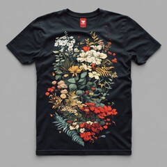 Sticker - A floral design on a black t-shirt featuring various colorful flowers and plants.