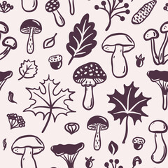 Seamless pattern of mushrooms, leaves, acorns on beige background. Hand-drawn black line art. Cozy fall season. Autumn nature and forest elements. Vector design for textile, wallpaper, wrapping paper.