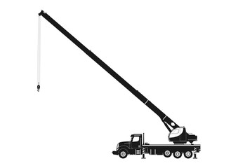 Mobile crane. Silhouette of a truck-mounted crane. Side view. Flat vector.