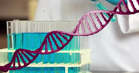 Poster - Animation of dna strand and scientific data processing over male scientist in laboratory