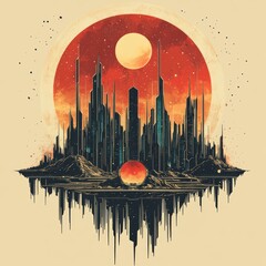 Wall Mural - A futuristic landscape with towering structures under a vibrant sun.