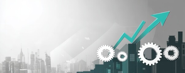 Abstract city skyline with gear and arrow symbolizing growth and technology advancement in a modern business environment