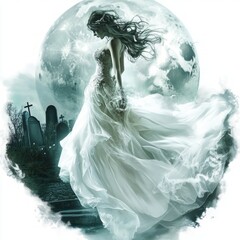 Poster - A ghostly figure in a flowing dress stands in a graveyard under a full moon.