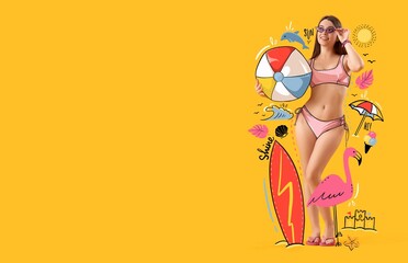 Poster - Young woman in swimsuit and with beach ball on yellow background with space for text