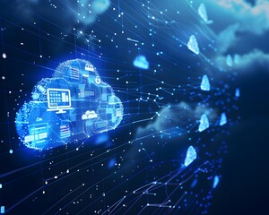 Poster - futuristic cloud computing concept with data flow, digital elements, and cloud graphics, representin