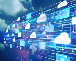 Poster - Futuristic cloud computing interface with data connections, showcasing digital innovation and technology advancement.