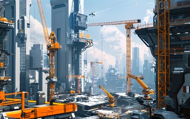 Futuristic construction site with cranes and towering buildings under a clear sky, showcasing modern architectural progress.