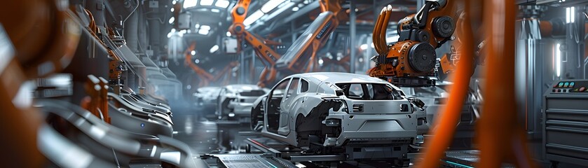 Poster - High-tech automobile factory featuring robotic arms assembling modern vehicles in a sleek industrial environment.