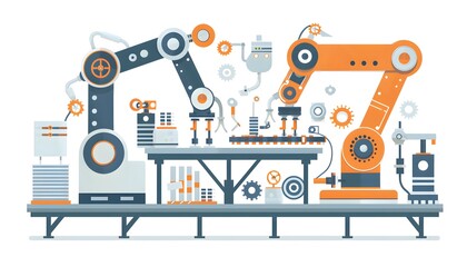 Poster - Modern industrial robots working on a production line, showcasing automation in manufacturing and technology innovation.