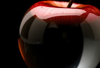 close up of a clear crystal apple with depth and clarity, set against a velvety black background create with ai