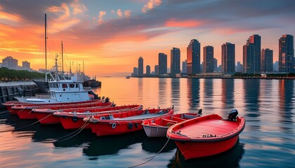 Serene harbor scene with red boats docked against a vibrant orange and pink skyline at sunset