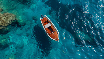 Wall Mural - Vacation and leisure. Aerial view on fast boat on blue Mediterranean sea at sunny day. Fast ship on the sea surface. Seascape from air