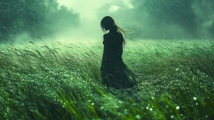 Poster - A solitary figure walks through a misty, rain-soaked field.