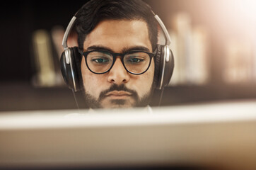 Poster - Computer, thinking and Indian man in library with headphones for research, elearning or university education. Reading, study and college student streaming online course, class or webinar in earphones