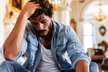 Wall Mural - depression, depressed man, in distress, holding his head with his hand, sitting in a luxurious living room, showing signs of stress or anxiety. The background is blurred with fancy decor