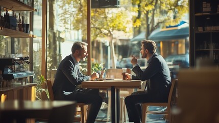 Two men engaged in conversation over coffee at a café with large windows and autumn foliage in the background during the afternoon