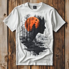 Canvas Print - A graphic t-shirt featuring a silhouette of a person against a vibrant orange moon and trees.