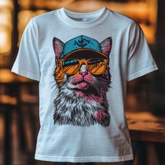 Wall Mural - A graphic t-shirt featuring a stylized cat wearing sunglasses and a cap.