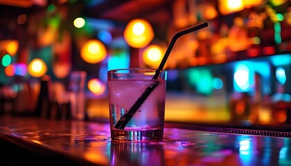 Neon-lit bar scene featuring a glass of water with a black straw on the counter, exuding a vibrant and energetic ambiance