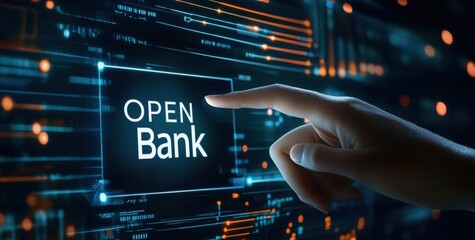 Wall Mural - Close-up of a hand interacting with digital screen displaying open bank interface for modern online banking concept