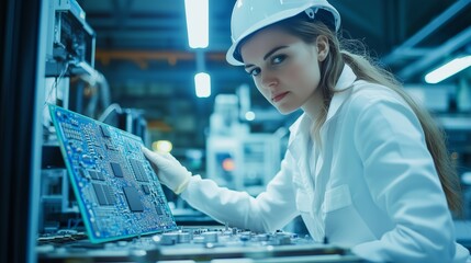 Poster - a skilled technician working on a circuit board in a modern manufacturing facility during daytime ho