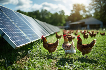 Chickens are roaming freely on a sunny farm with solar panels installed on the ground for agrivoltaics