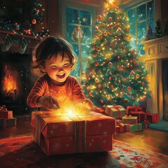 Wall Mural - A joyful child opening a Christmas gift by a beautifully decorated tree.