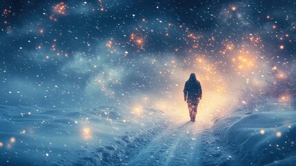 Canvas Print - A solitary figure walking through a snowy landscape under a starry sky.