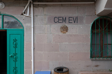 External view of the Cem evi building. A cemevi or cem evi  