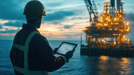 Poster - Oil Rig Worker Checking Data at Sunset