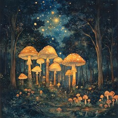 Canvas Print - A magical forest scene featuring luminous mushrooms under a starry night sky.